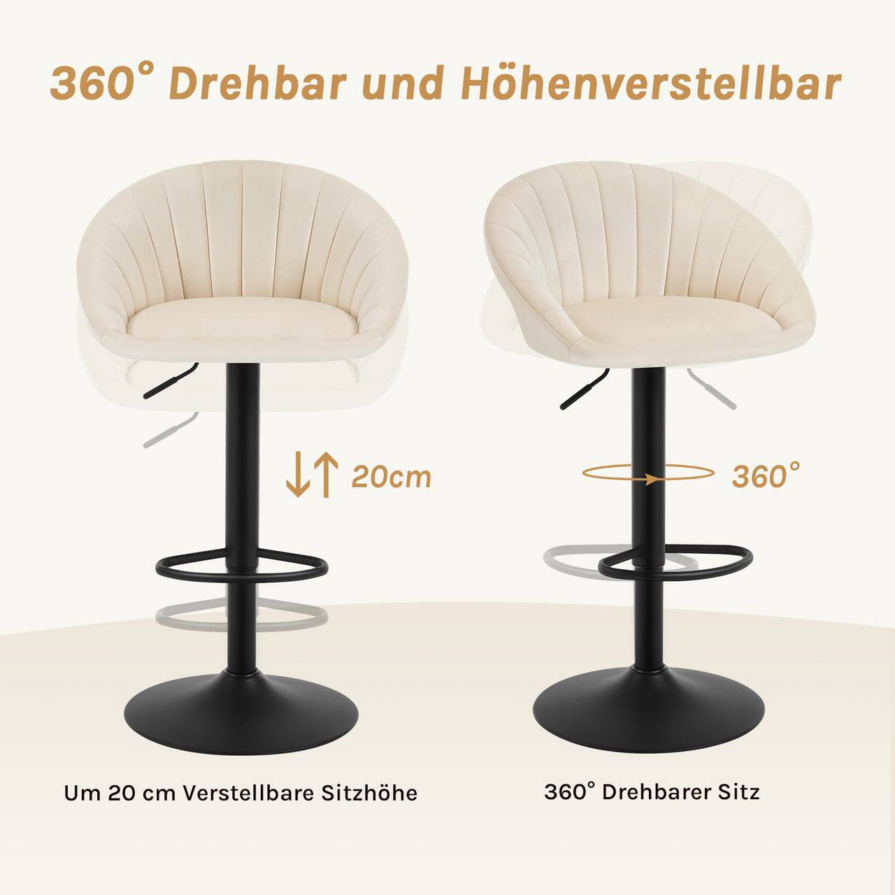 24goodz Adjustable Swivel Bar Stool - Ergonomic Design - Durable Metal Frame - Velvet - For Home & Office - Beige