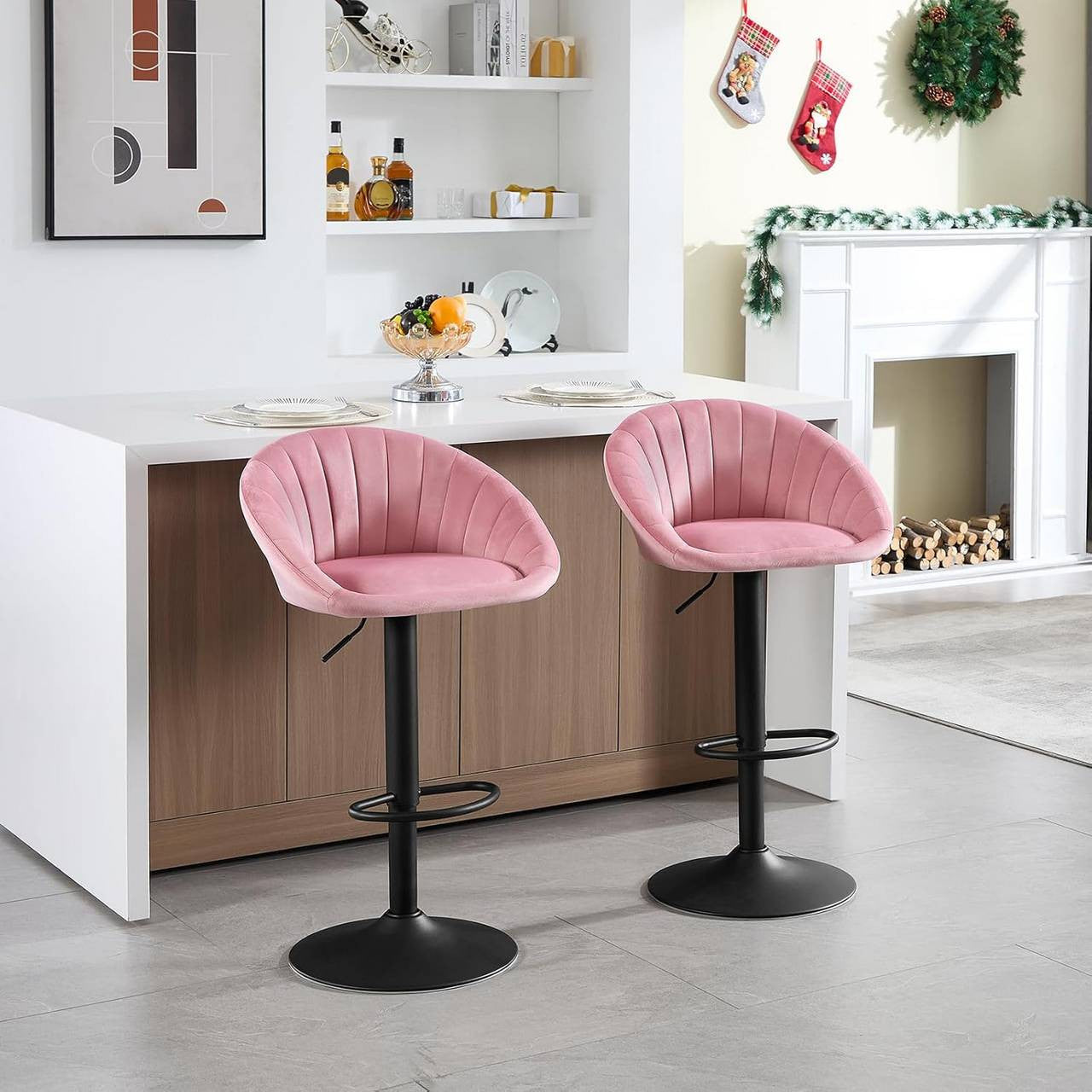 24goodz Adjustable Velvet Bar Stool - Ergonomic Design - 360° Swivel - Velvet and Metal - Pink - 55 x (83.5-103.5) x 50 cm