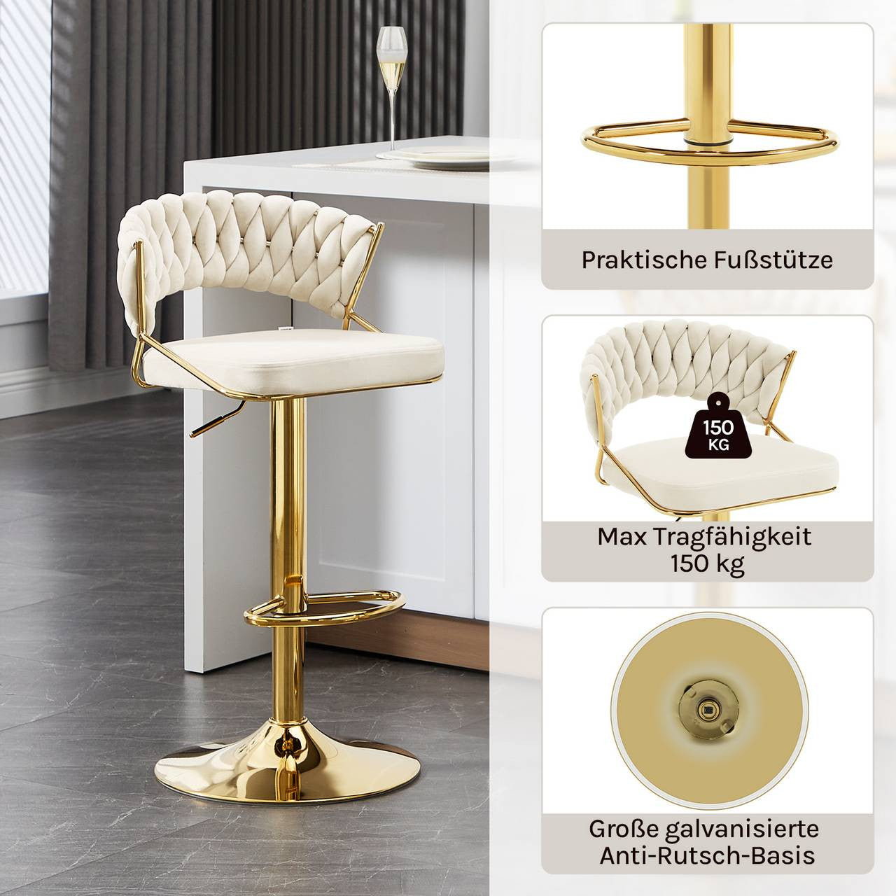 24goodz Adjustable Bar Stool - Comfortable Velvet Upholstery - Stylish and Stable - Metal - For Home and Kitchen - Cream