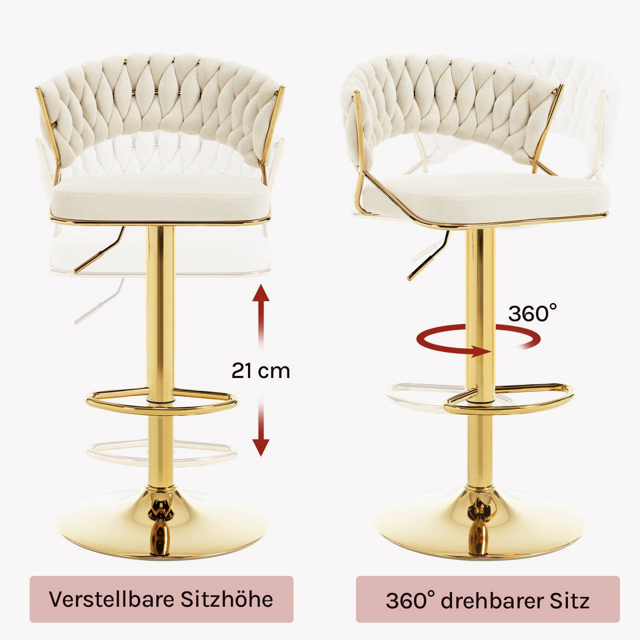 24goodz Adjustable Bar Stool - Comfortable Velvet Upholstery - Stylish and Stable - Metal - For Home and Kitchen - Cream