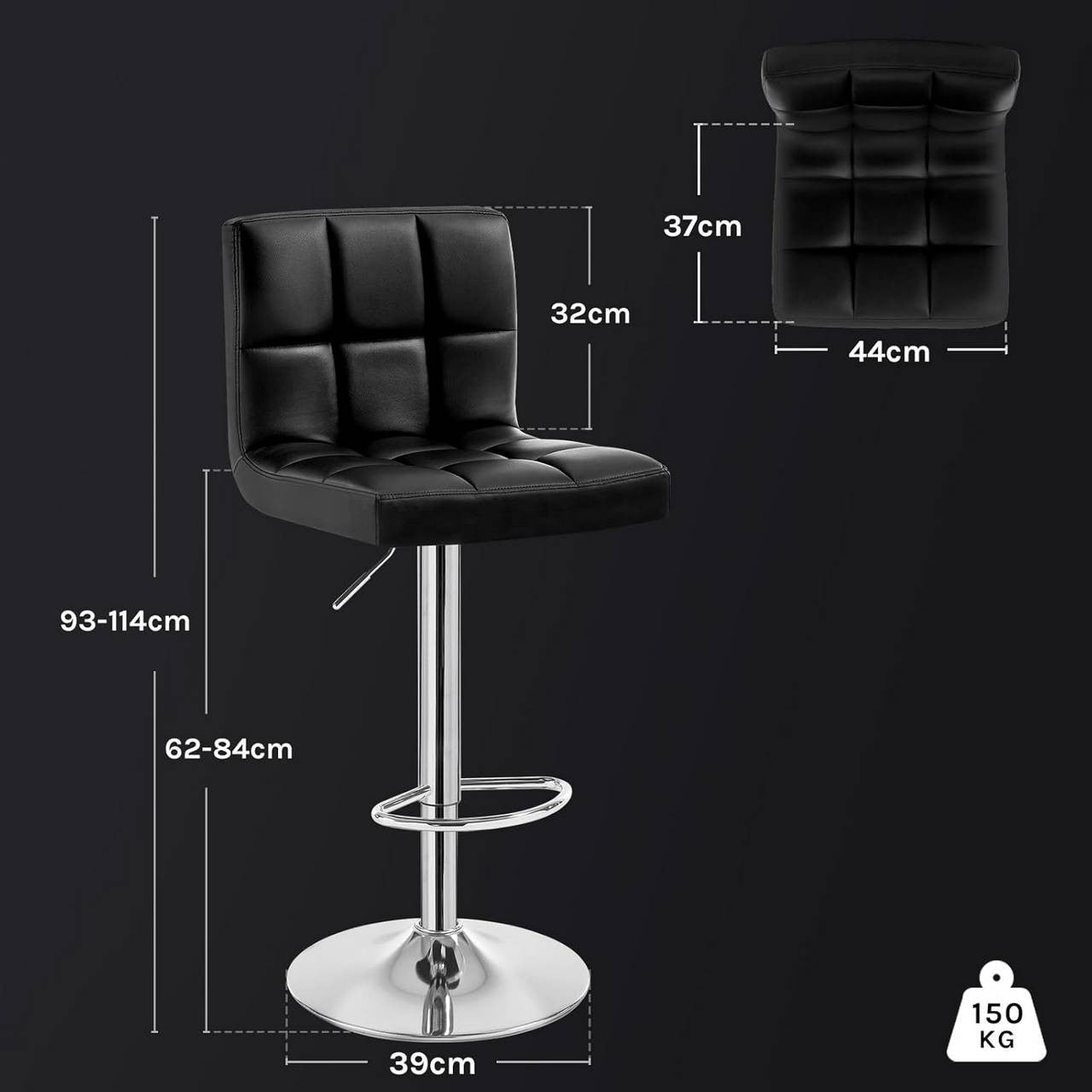 24goodz Bar Stool with Backrest and Footrest - Ergonomic Comfort - Sturdy and Durable - Faux Leather - Black - Adjustable Height 92-114 cm
