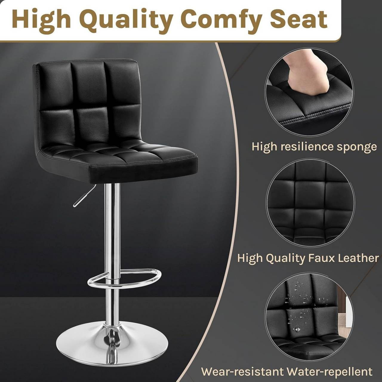 24goodz Bar Stool with Backrest and Footrest - Ergonomic Comfort - Sturdy and Durable - Faux Leather - Black - Adjustable Height 92-114 cm