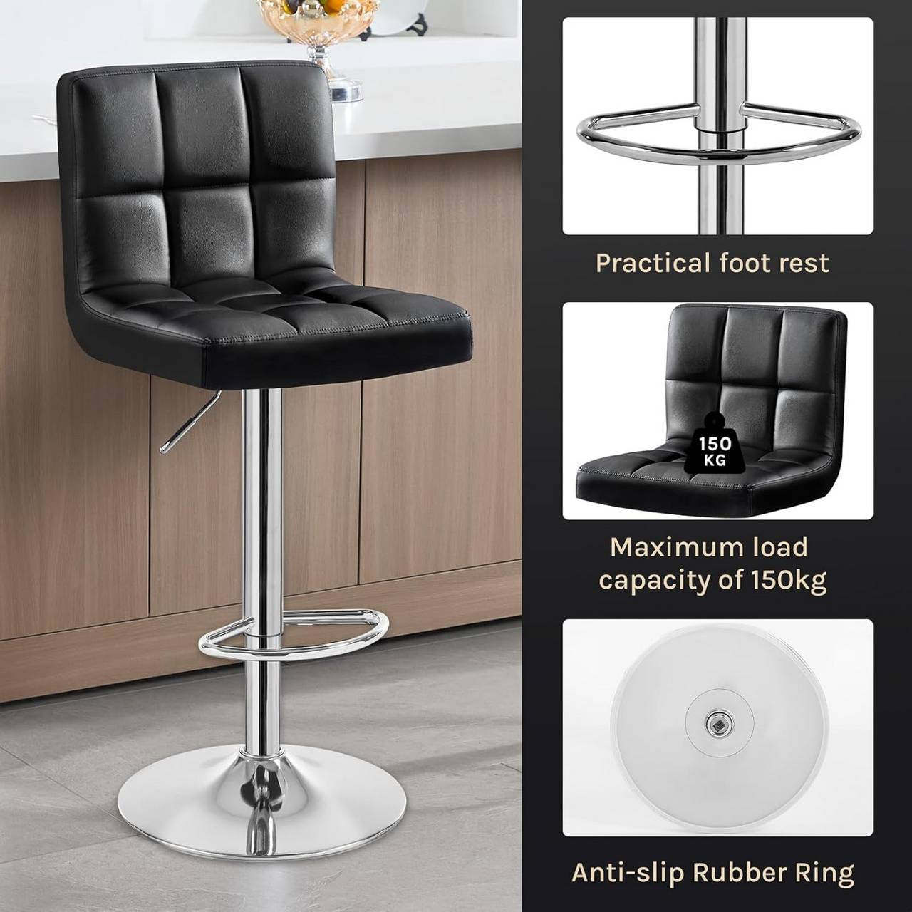 24goodz Bar Stool with Backrest and Footrest - Ergonomic Comfort - Sturdy and Durable - Faux Leather - Black - Adjustable Height 92-114 cm