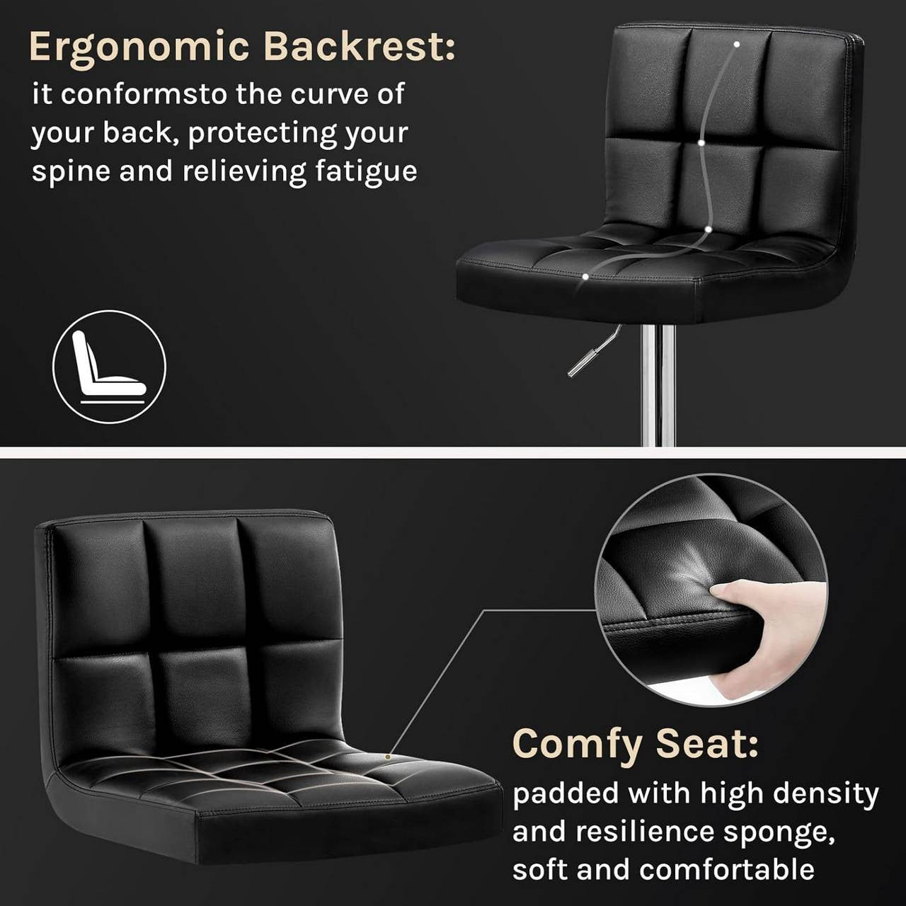 24goodz Bar Stool with Backrest and Footrest - Ergonomic Comfort - Sturdy and Durable - Faux Leather - Black - Adjustable Height 92-114 cm