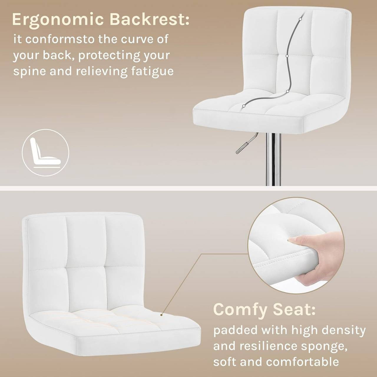 24goodz Bar Stool Set with Backrest - Comfortable Ergonomic Design - Durable Faux Leather - For Home and Kitchen - White