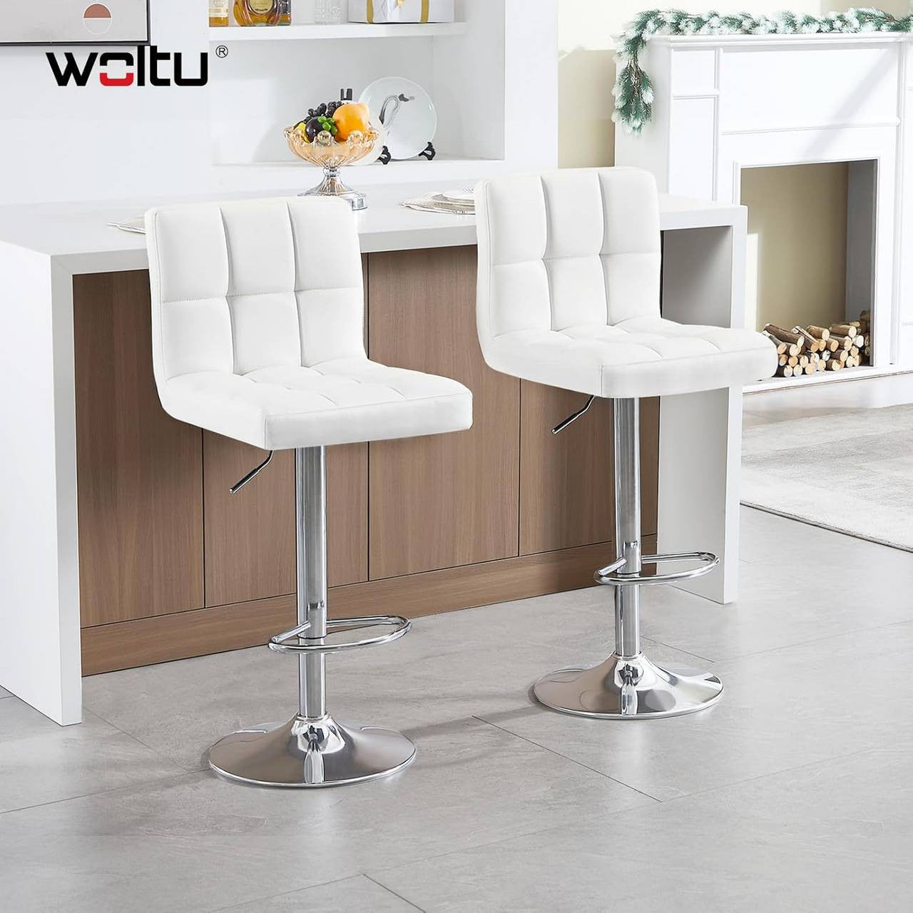 24goodz Bar Stool Set with Backrest - Comfortable Ergonomic Design - Durable Faux Leather - For Home and Kitchen - White