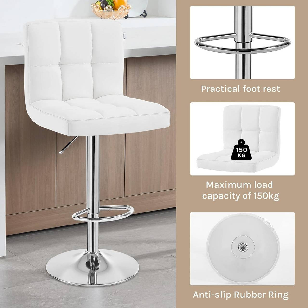 24goodz Bar Stool with Backrest and Footrest - Comfortable and Ergonomic Design - Durable Metal Frame - White