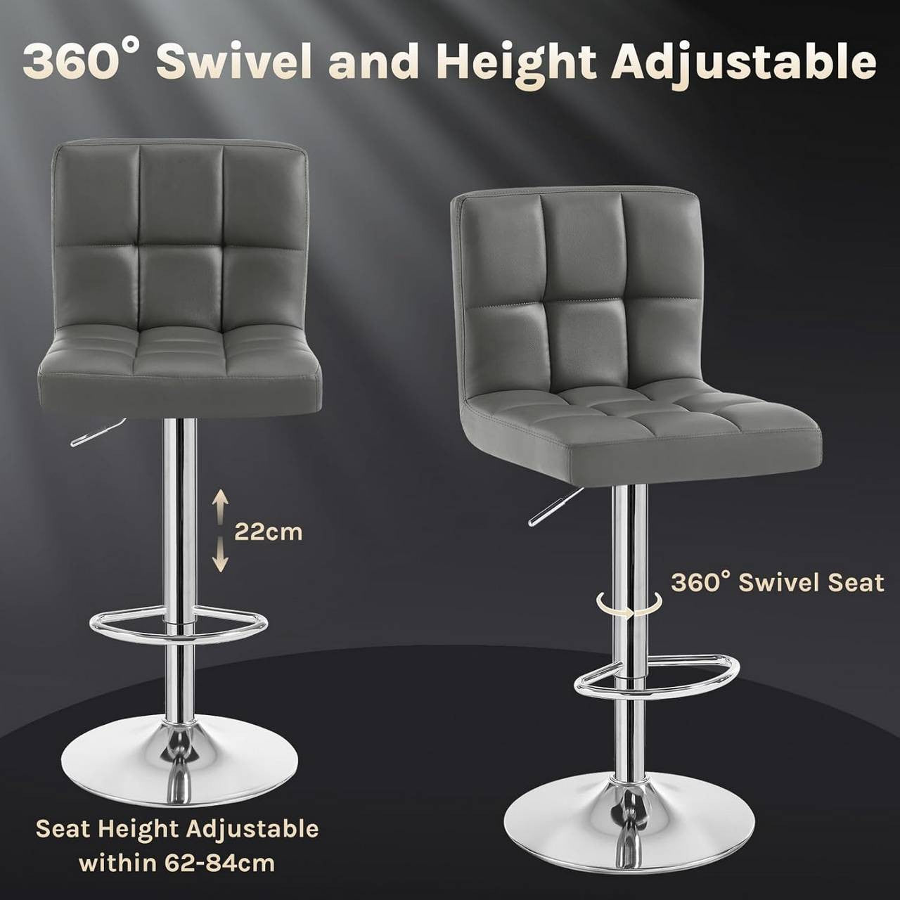 24goodz Bar Stool with Backrest and Footrest - Comfortable and Ergonomic Design - Durable Metal Frame - For Home and Kitchen - Grey