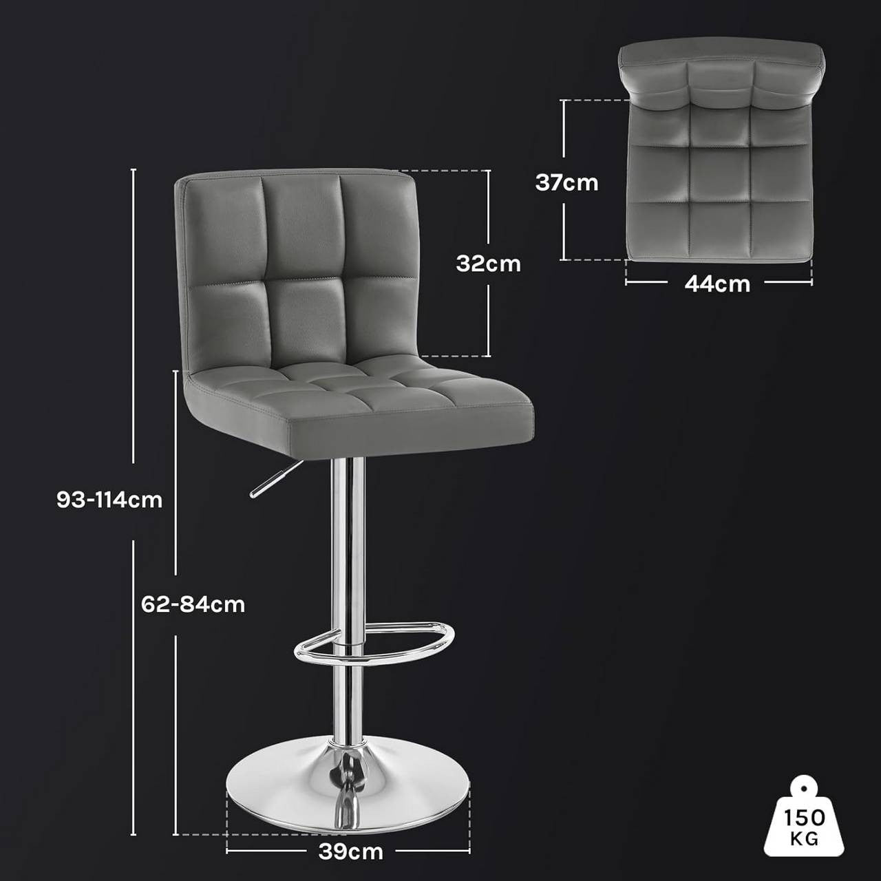 24goodz Bar Stool with Backrest and Footrest - Comfortable and Ergonomic Design - Durable Metal Frame - For Home and Kitchen - Grey
