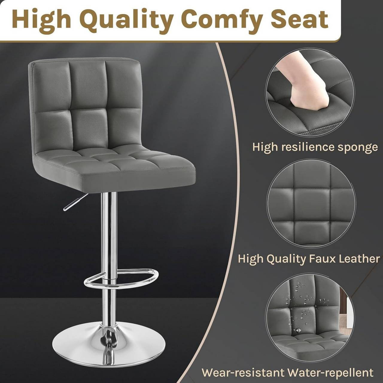 24goodz Bar Stool with Backrest and Footrest - Comfortable and Ergonomic - Robust and Durable - Faux Leather - For Home and Kitchen - Grey
