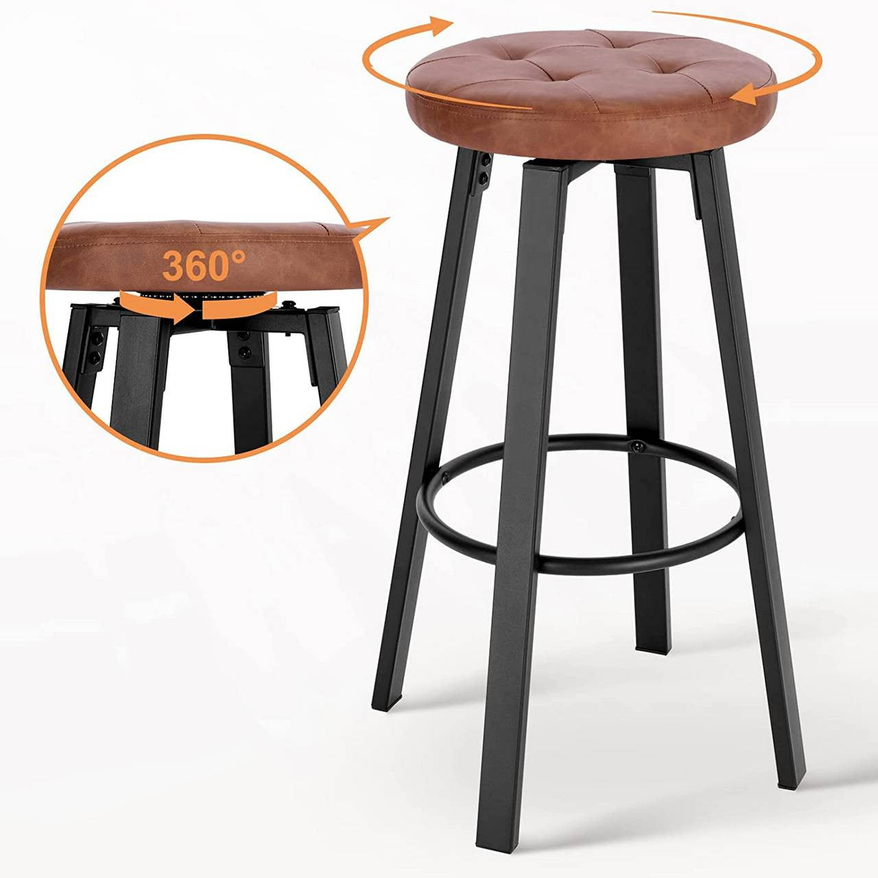24goodz Swivel Bar Stool - Comfortable Rotating Seat - Durable Faux Leather - For Home & Kitchen - Brown/Anthracite