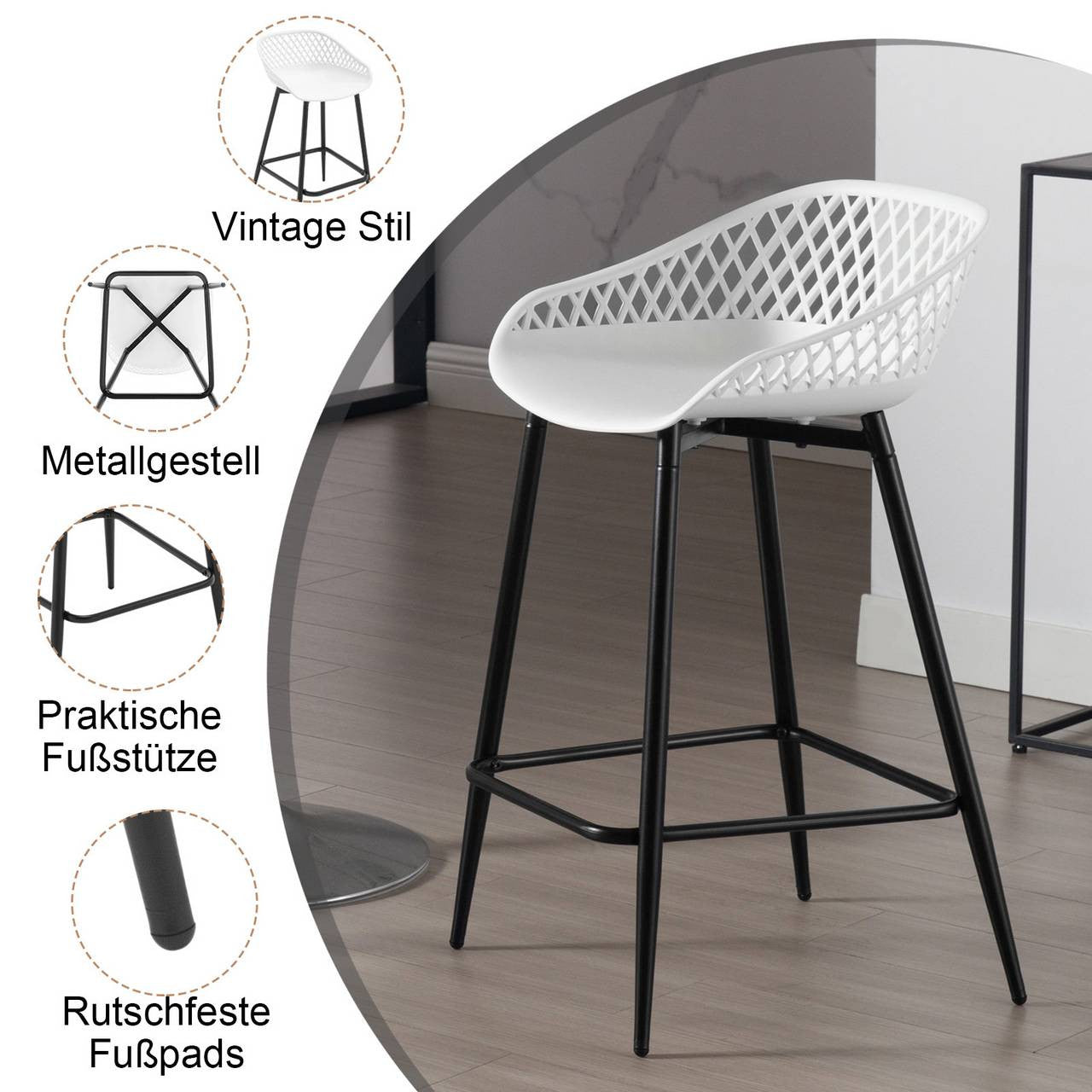 24goodz Comfortable Bar Stool with Hollow Backrest - Ergonomic Design - PP and Metal - For Indoor and Outdoor Use - White/Gray/Black