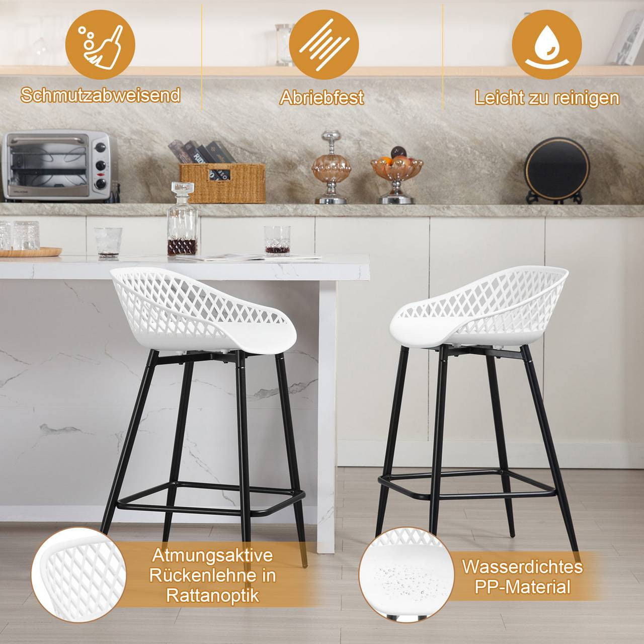 24goodz Stylish Bar Stool - Comfortable Hollow Backrest - Durable & Robust - PP Material - White/Gray/Black
