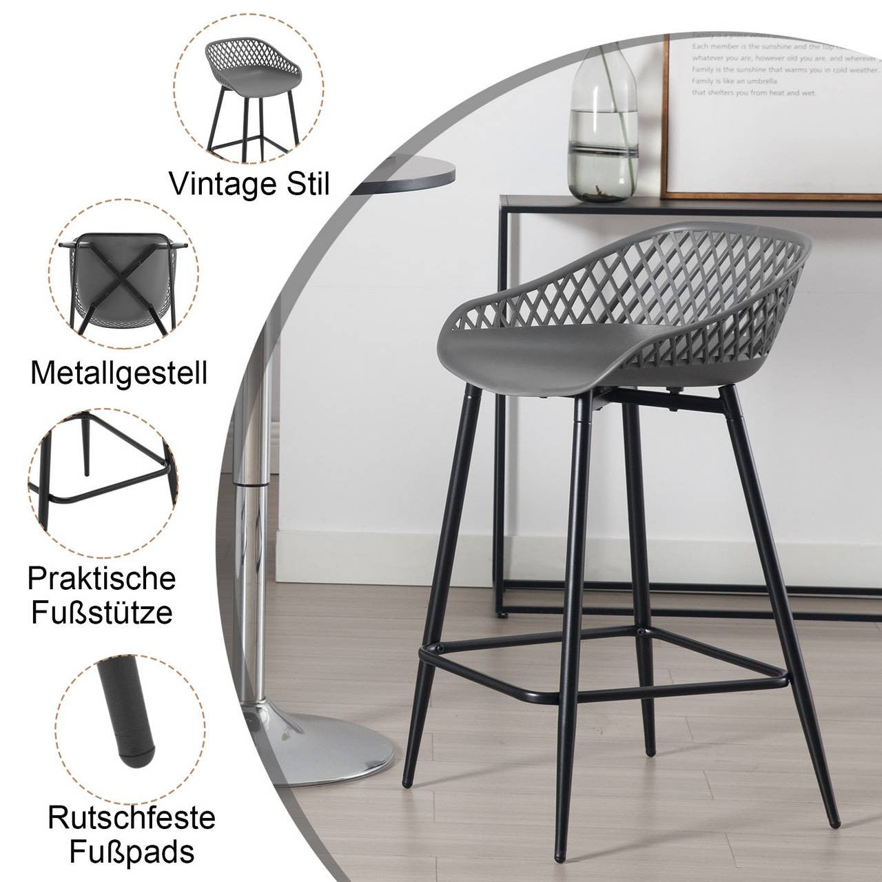 24goodz Comfortable Hollow Back Bar Stool - Ergonomic Design - PP Material - For Home & Garden - Grey