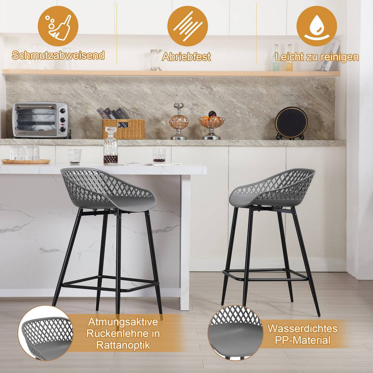 24goodz Comfortable Hollow Back Bar Stool - Ergonomic Design - PP Material - For Home & Garden - Grey