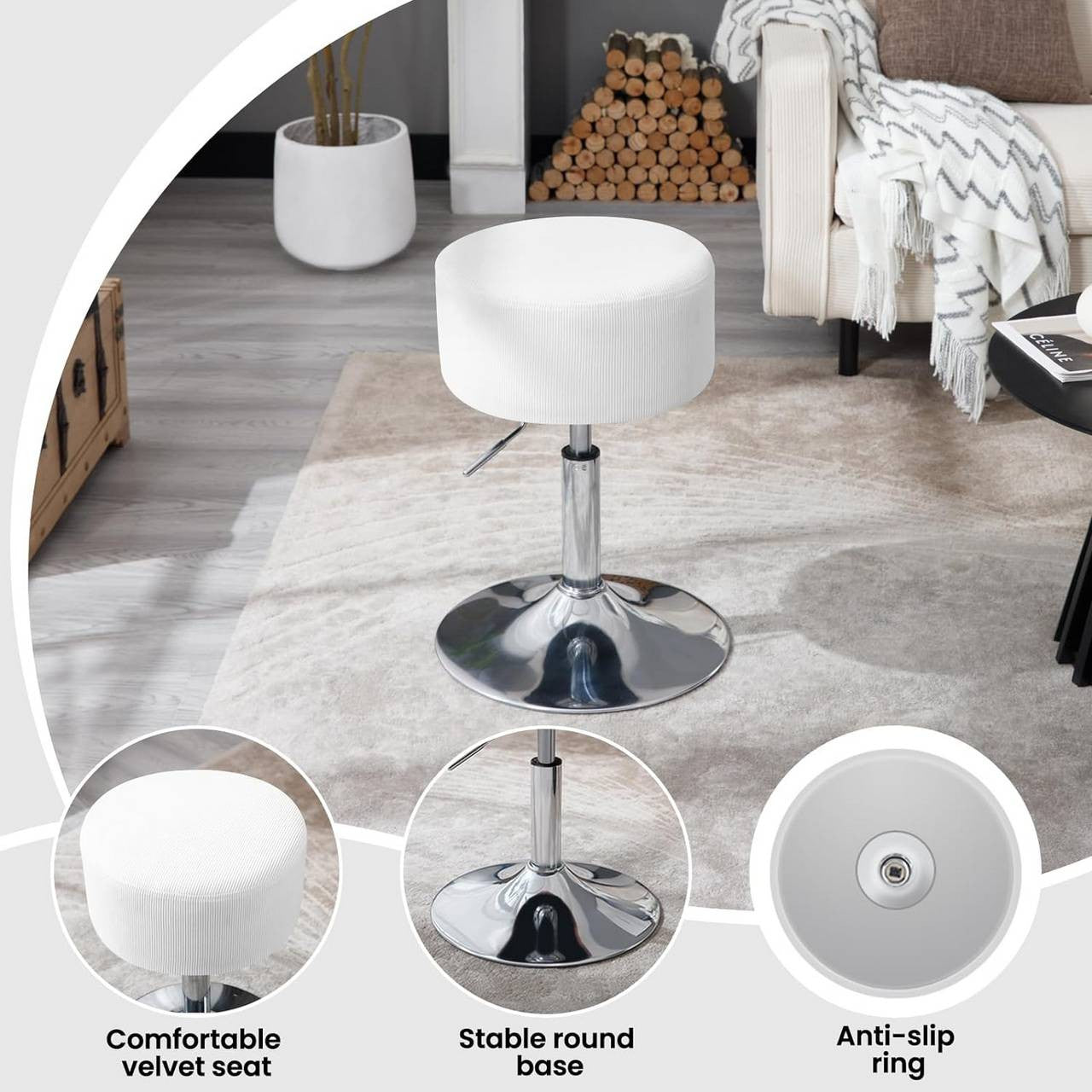 24goodz Adjustable Swivel Bar Stool - Comfortable and Breathable Seat - Durable Metal Base - Corduroy - For Home and Salon Use - White