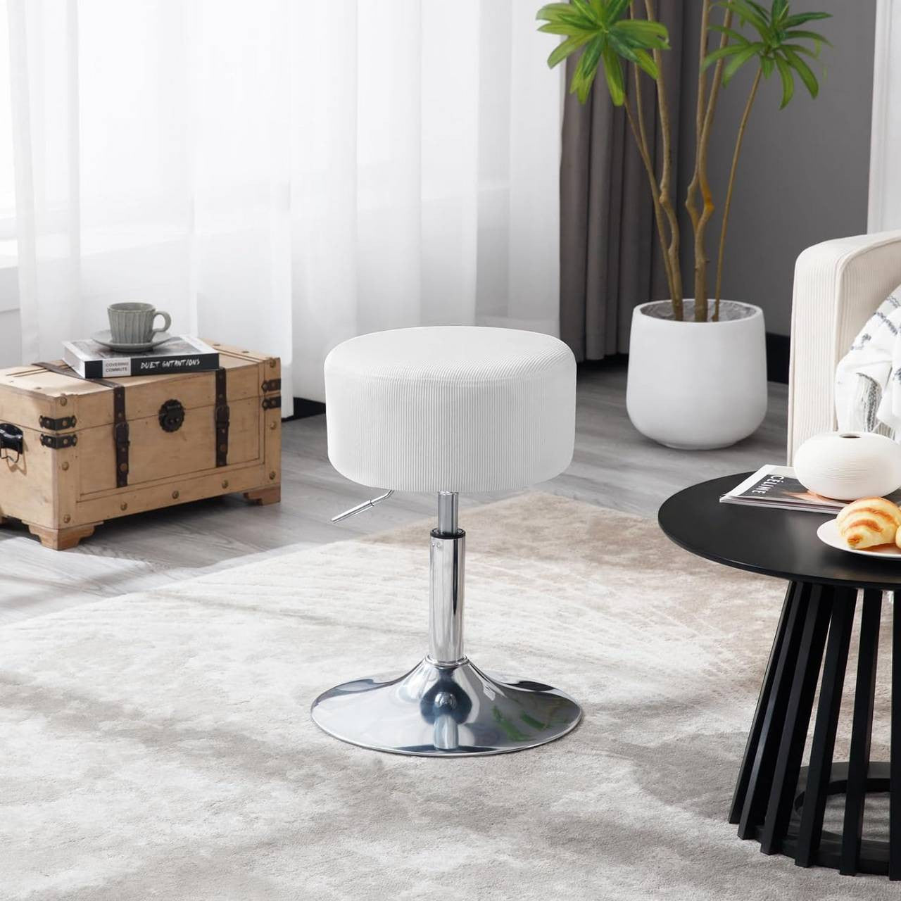 24goodz Adjustable Swivel Bar Stool - Comfortable and Breathable Seat - Durable Metal Base - Corduroy - For Home and Salon Use - White