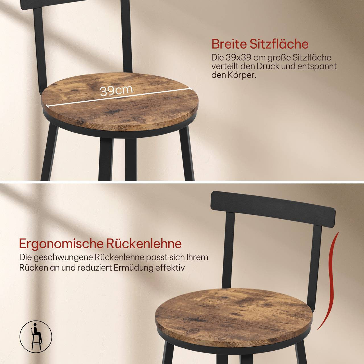 24goodz Round Bar Stool Set of 2 - Sturdy Construction - Ergonomic Design - MDF + Metal - Rustic Brown