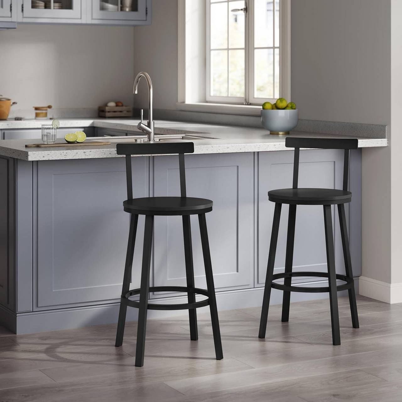 24goodz Round Bar Stool - Sturdy Construction - Ergonomic Design - Metal Frame - Black - 39 cm Seat Diameter