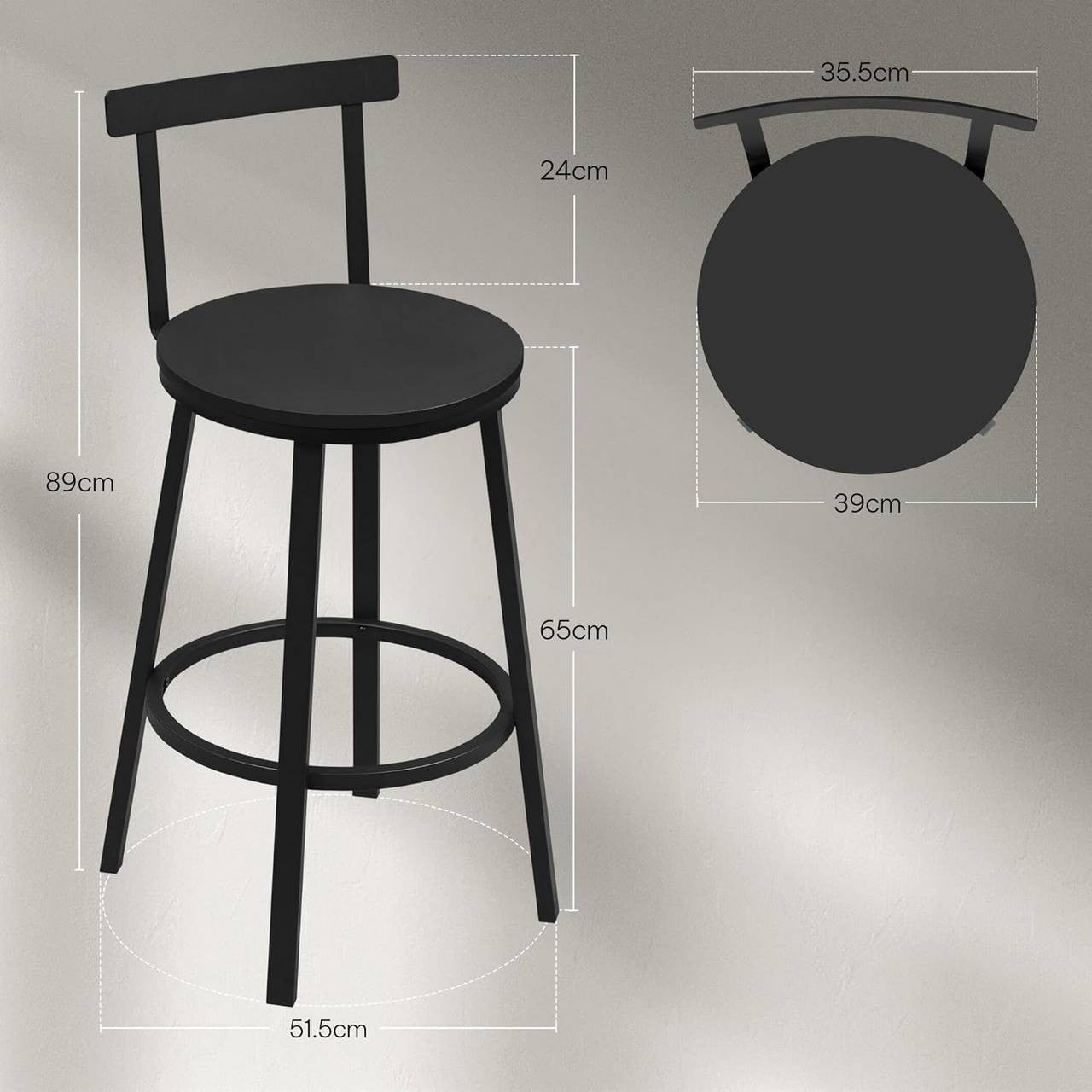 24goodz Round Bar Stool Set of 2 - Sturdy and Stable Design - Ergonomic Comfort - Metal and MDF - Black