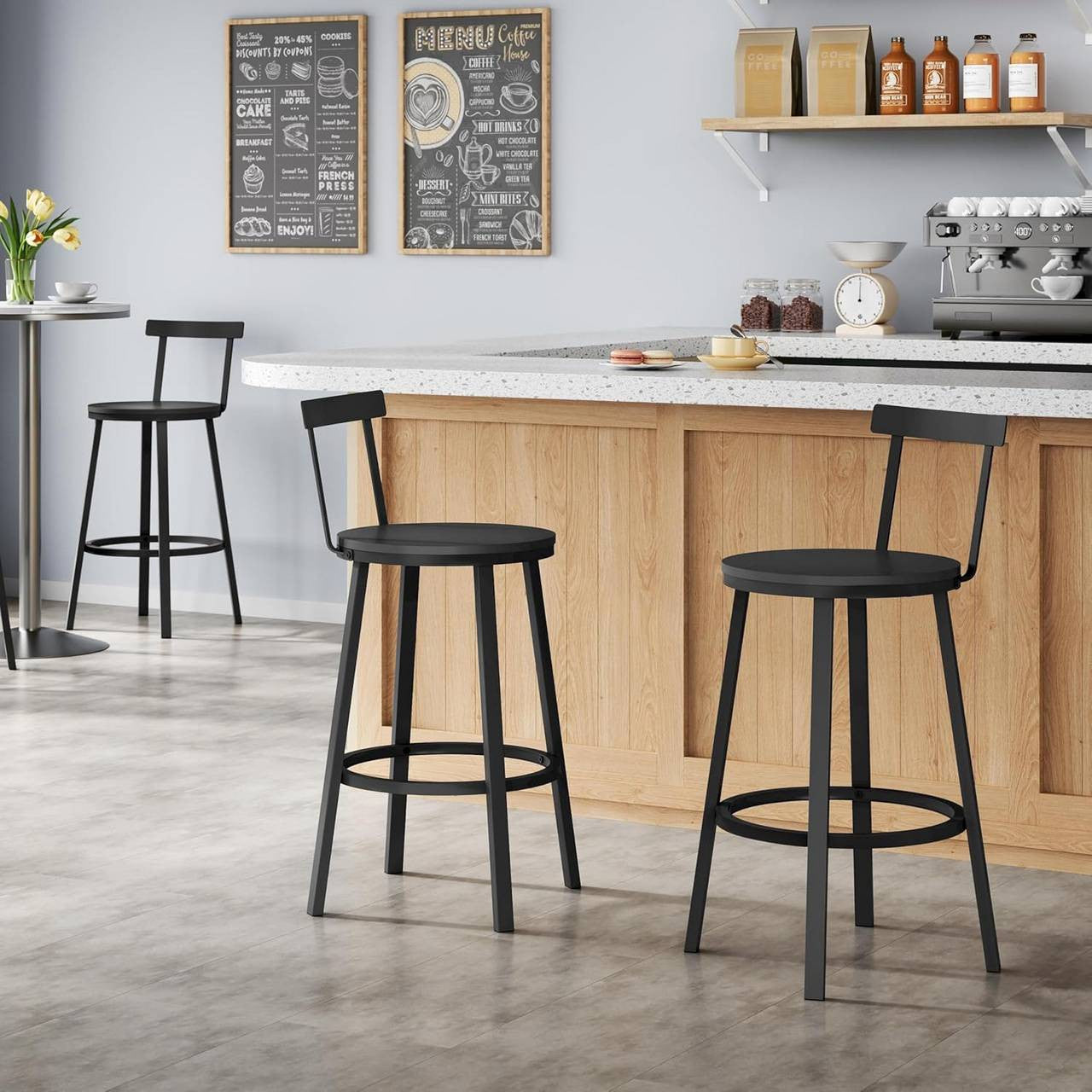 24goodz Round Bar Stool Set of 2 - Sturdy and Stable Design - Ergonomic Comfort - Metal and MDF - Black