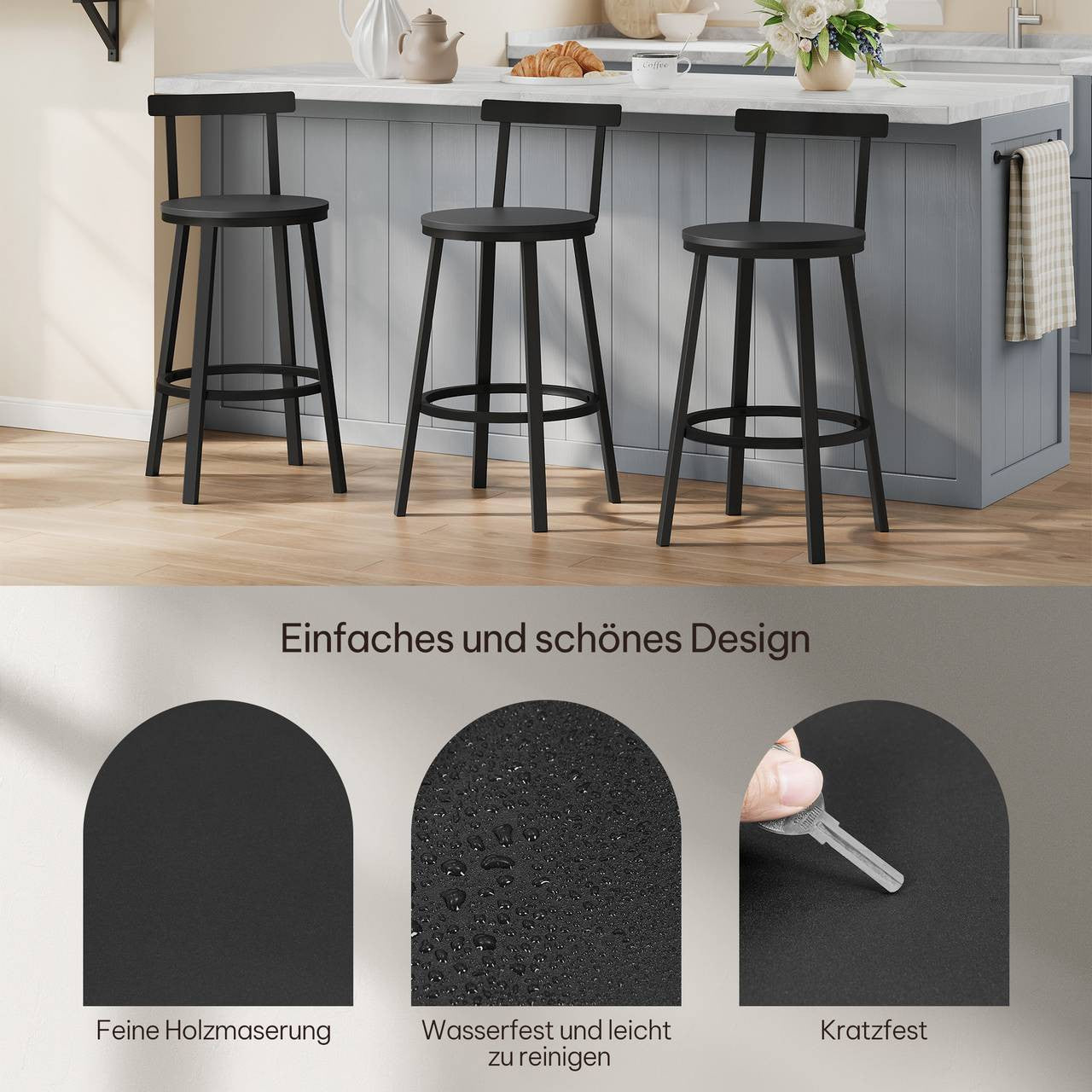 24goodz Round Bar Stool - Sturdy Construction - Ergonomic Design - Metal Frame - Black - 39 cm Seat Diameter