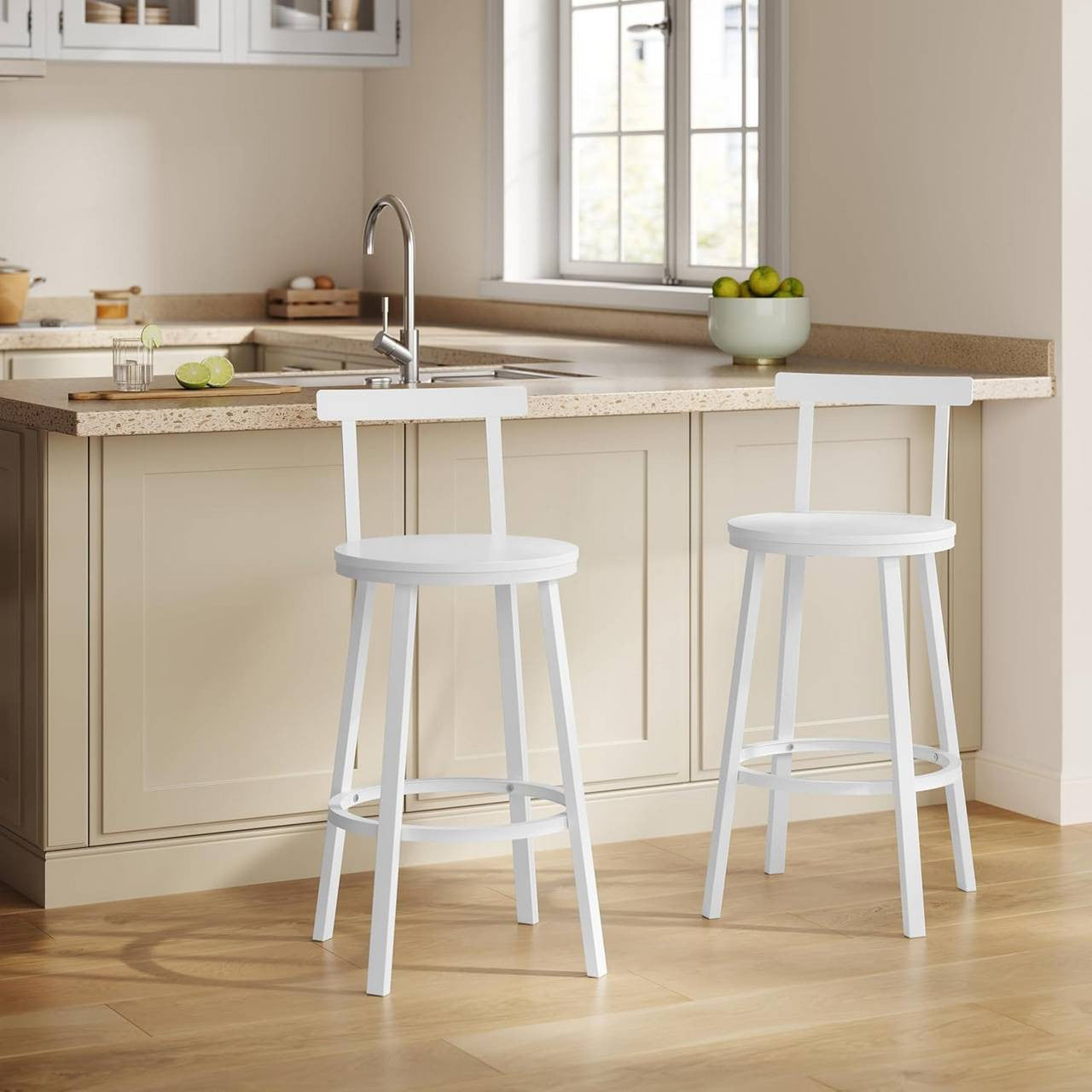 24goodz Round Bar Stool Set - Ergonomic Comfort - Sturdy Metal Frame - MDF - For Home & Dining - White