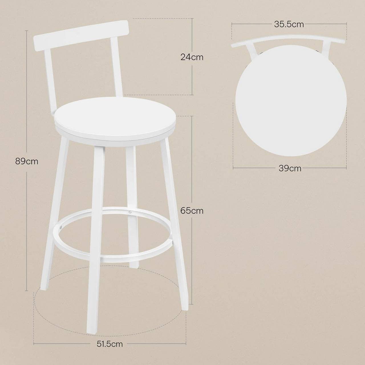 24goodz Round Bar Stool with Backrest - Sturdy Metal Frame - Ergonomic Comfort - MDF - For Home & Café - White