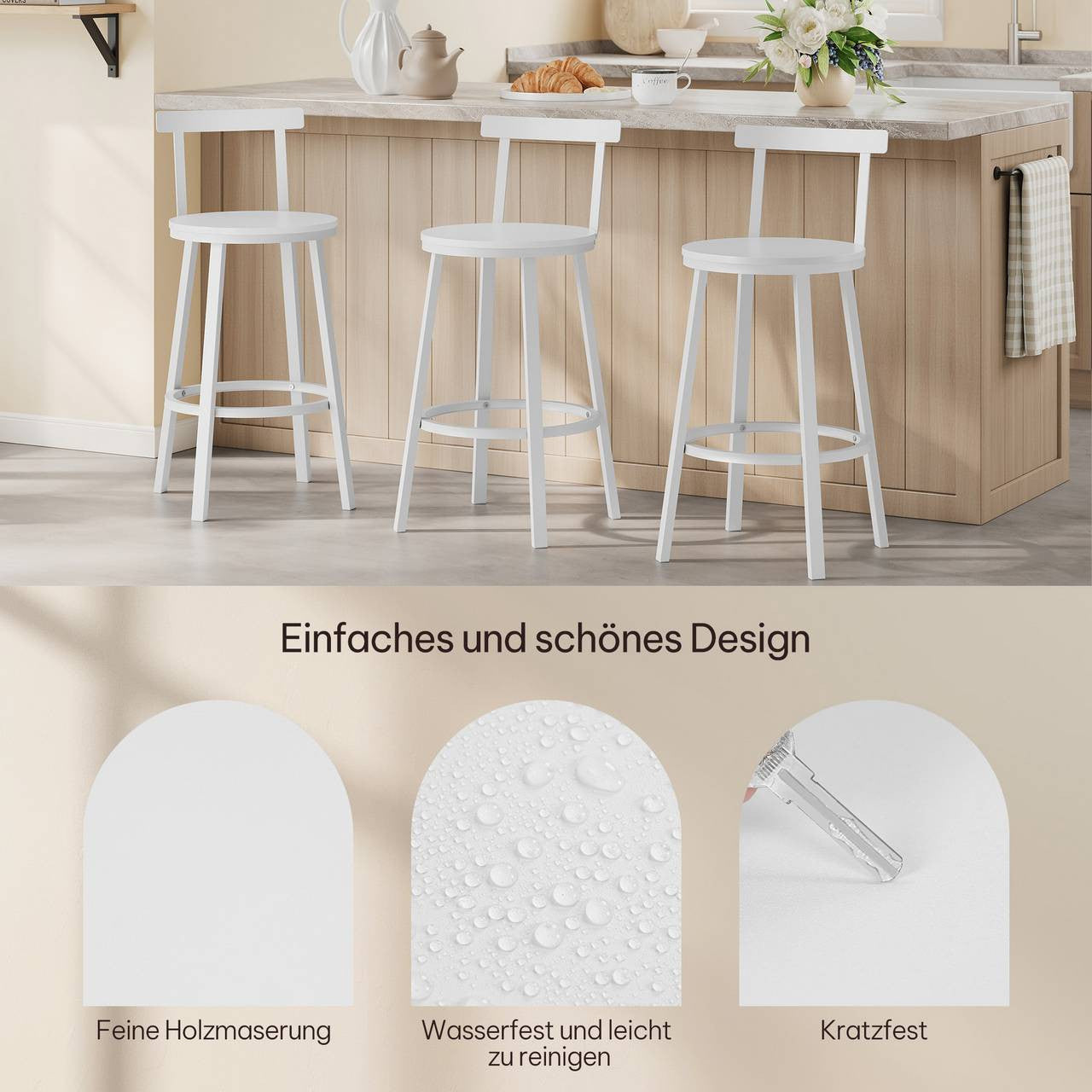 24goodz Round Bar Stool with Backrest - Ergonomic Design for Comfort - Metal Frame - For Kitchen and Dining - White