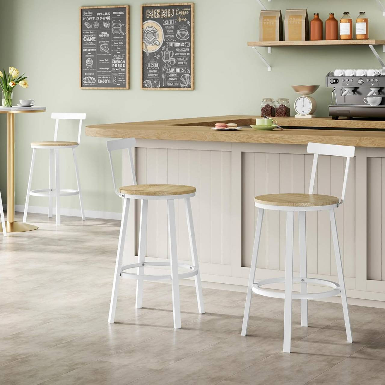 24goodz Round Bar Stool with Backrest - Ergonomic Comfort - Sturdy Metal Frame - For Home & Café Use - Light Wood Look