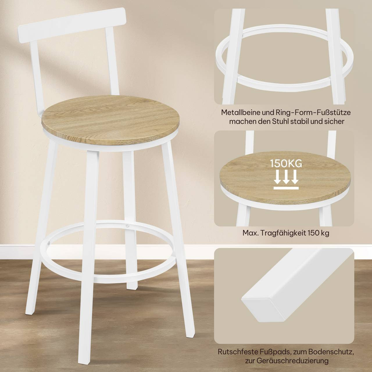 24goodz Round Bar Stool with Backrest - Ergonomic Design for Comfort - Metal Frame - For Home and Cafés - Light Wood Look