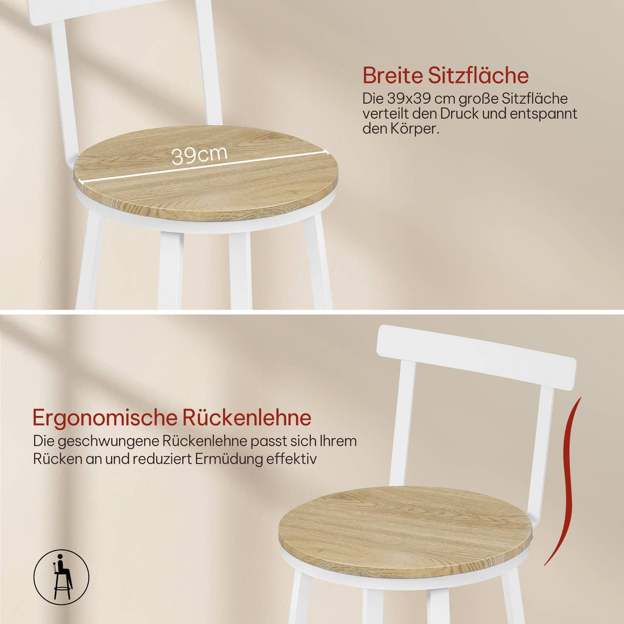 24goodz Round Bar Stool with Backrest - Ergonomic Design for Comfort - Metal Frame - For Home and Cafés - Light Wood Look