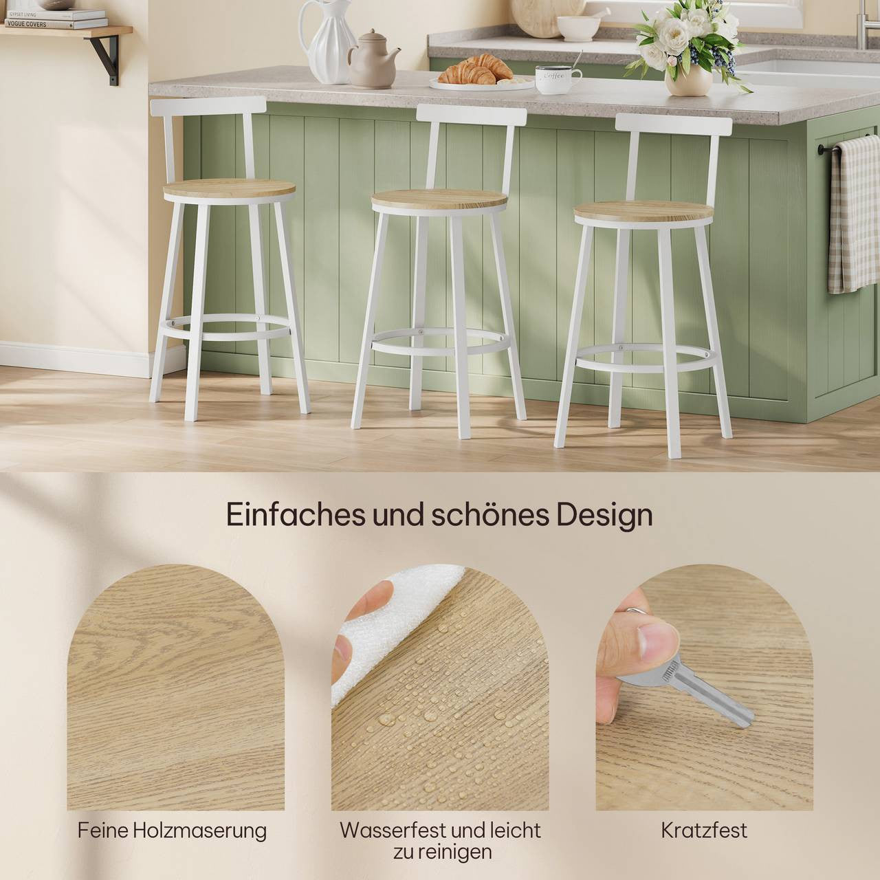 24goodz Round Bar Stool Set of 2 - Sturdy Construction - Ergonomic Design - MDF and Metal - Light Wood Look