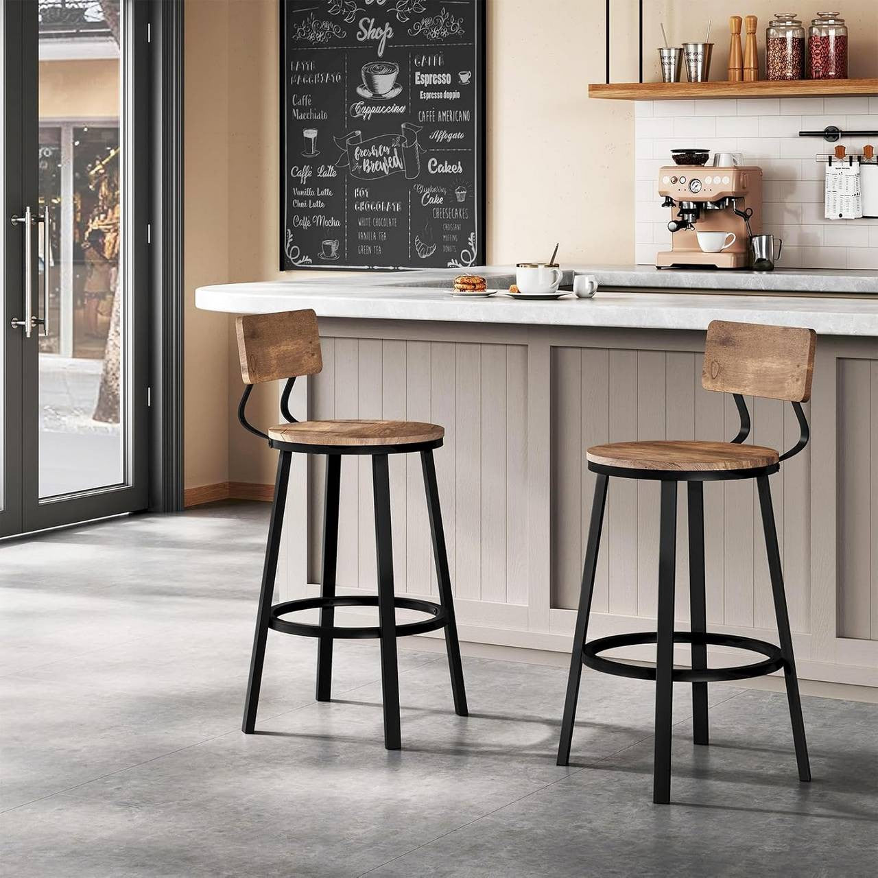 24goodz Round Bar Stool with Backrest - Ergonomic Comfort - Sturdy Metal Frame - MDF - For Kitchen and Dining - Rustic Brown