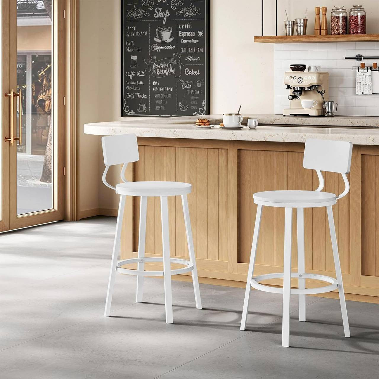 24goodz Round Bar Stool with Backrest - Comfortable & Ergonomic Design - Sturdy Metal Frame - White - Set of 2/4/6