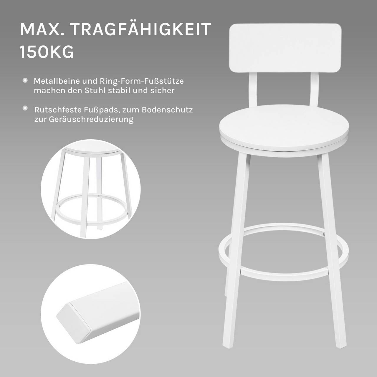 24goodz Round Bar Stool with Backrest - Comfortable & Ergonomic Design - Sturdy Metal Frame - White - Set of 2/4/6