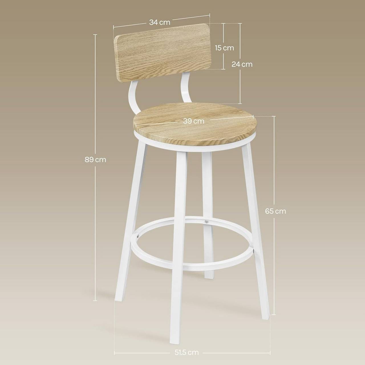 24goodz Round Bar Stool with Backrest - Comfortable & Ergonomic Design - Sturdy Metal Frame - Light Wood Look - Black + Light Wood Look