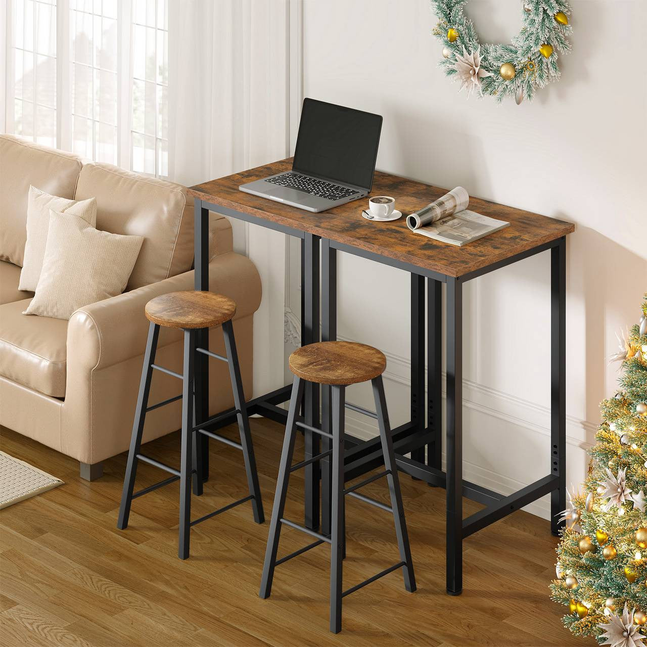 24goodz Bistro Table - Sturdy and Durable Design - Space-Saving - MDF and Metal - Rustic Brown - 60 x 100 x 60 cm