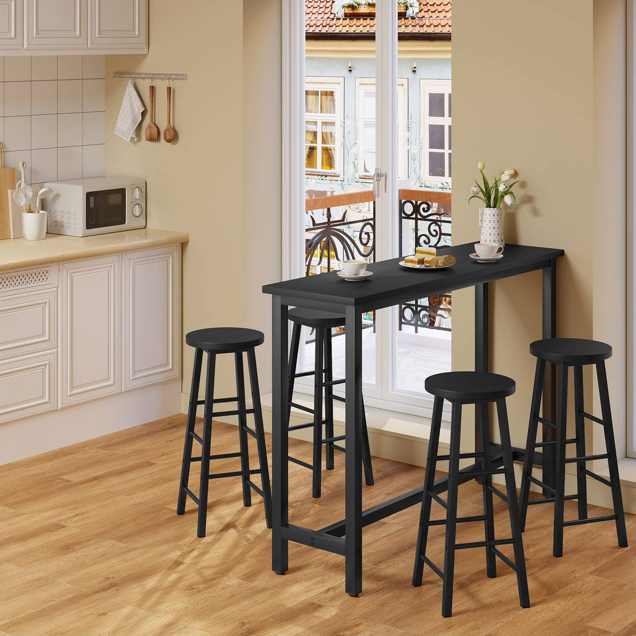 24goodz Bistro Table - Ergonomic Height for Comfort - Durable Metal Frame - MDF - For Home and Commercial Use - Light Oak/White/Black - 140 x 100 x 40 cm - sz