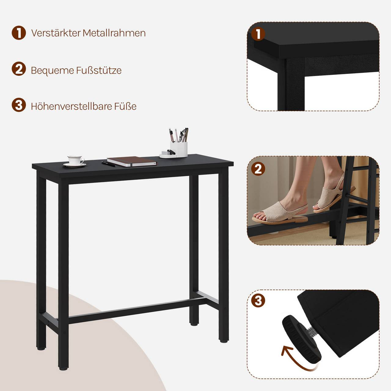 24goodz Bartafel - Ergonomically Designed Height - Sturdy Metal Frame - MDF - For Home and Commercial Use - Black