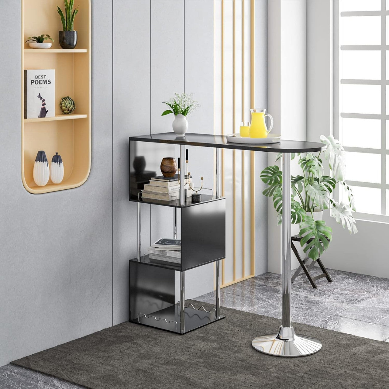 24goodz Bistro Table with Wine Racks - Unique S-Shape Design - Sturdy Metal and MDF - For Small Spaces - Black - sz