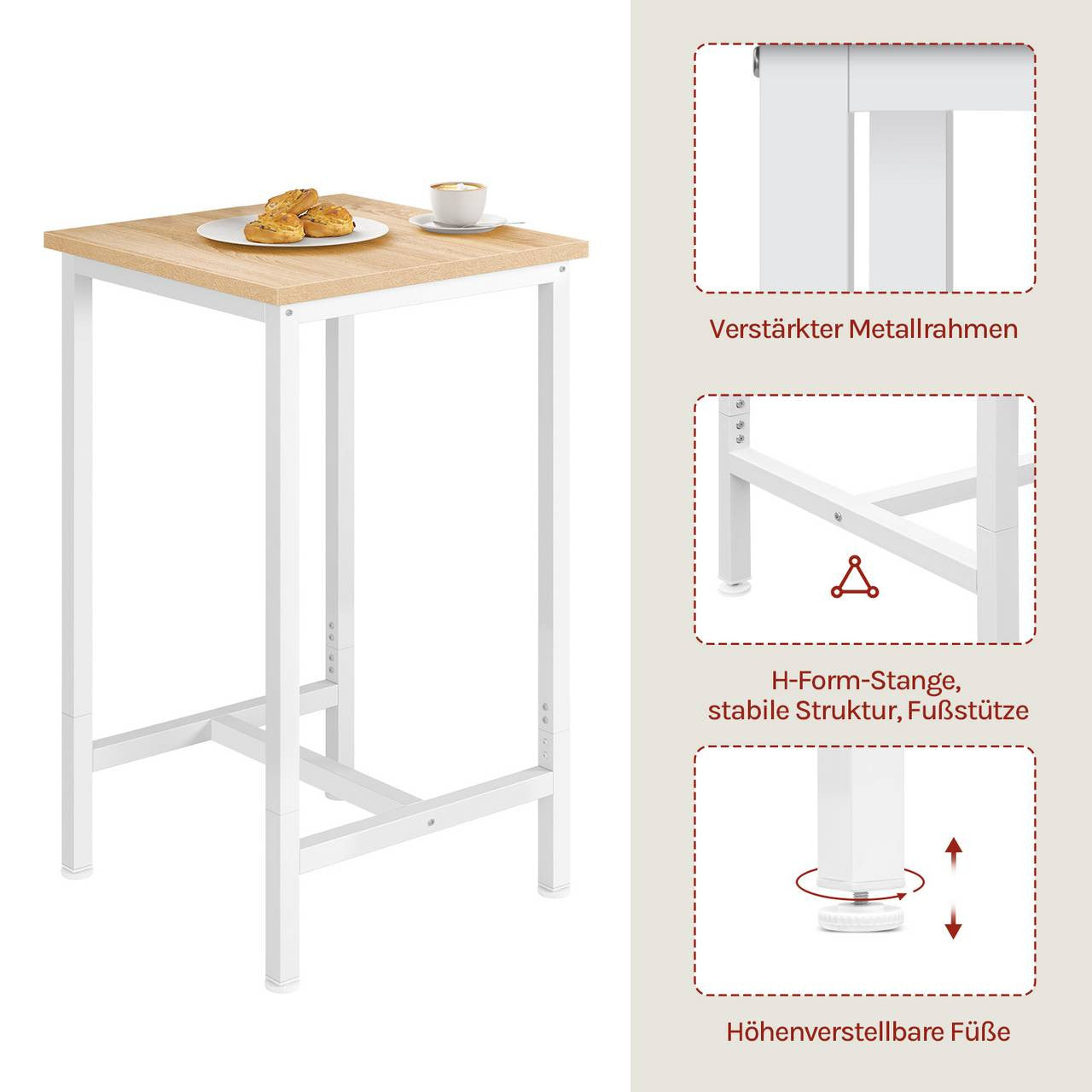 24goodz Bistro Table - Robust and Durable Design - Space-Saving - MDF and Metal - Light Oak - 60 x 100 cm - hei