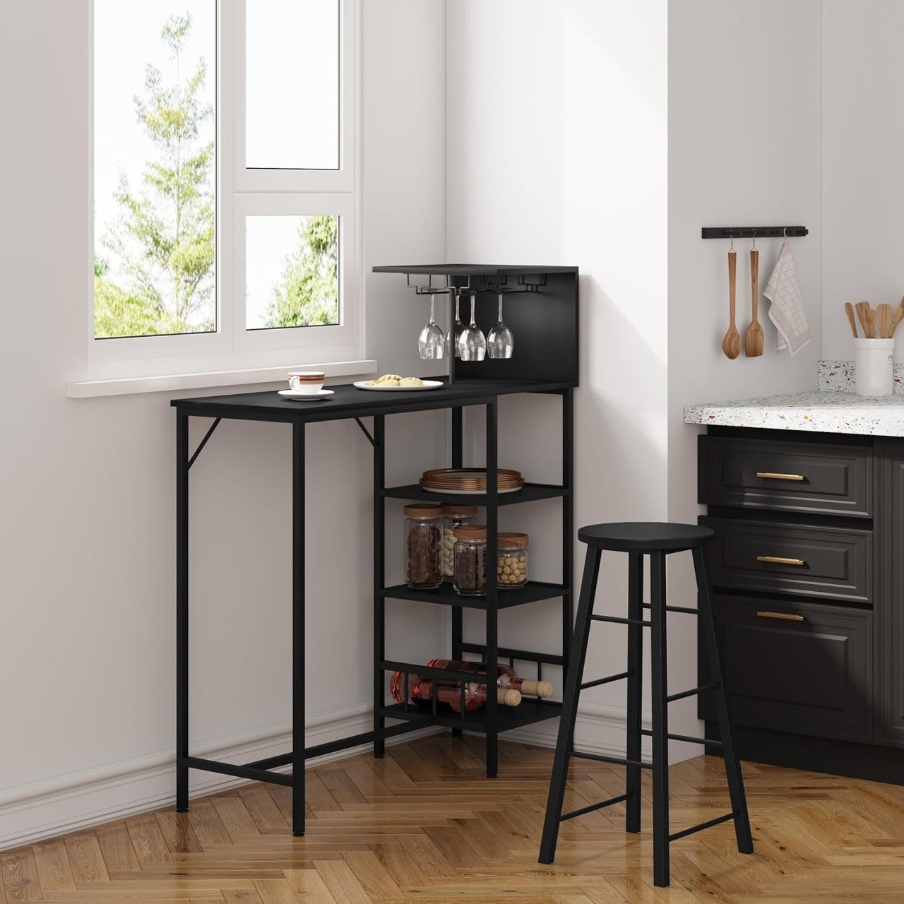 24goodz High Bar Table with Wine Rack and Glass Holders - Ample Storage Space - Sturdy Steel Frame - E1 Wood - For Dining and Entertaining - Vintage Wood/Black