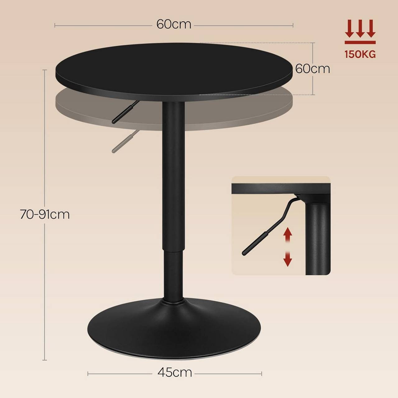 24goodz Adjustable Bar Table 70-91 cm - Durable and Stylish - MDF and Metal - For Home and Office - Black - sz