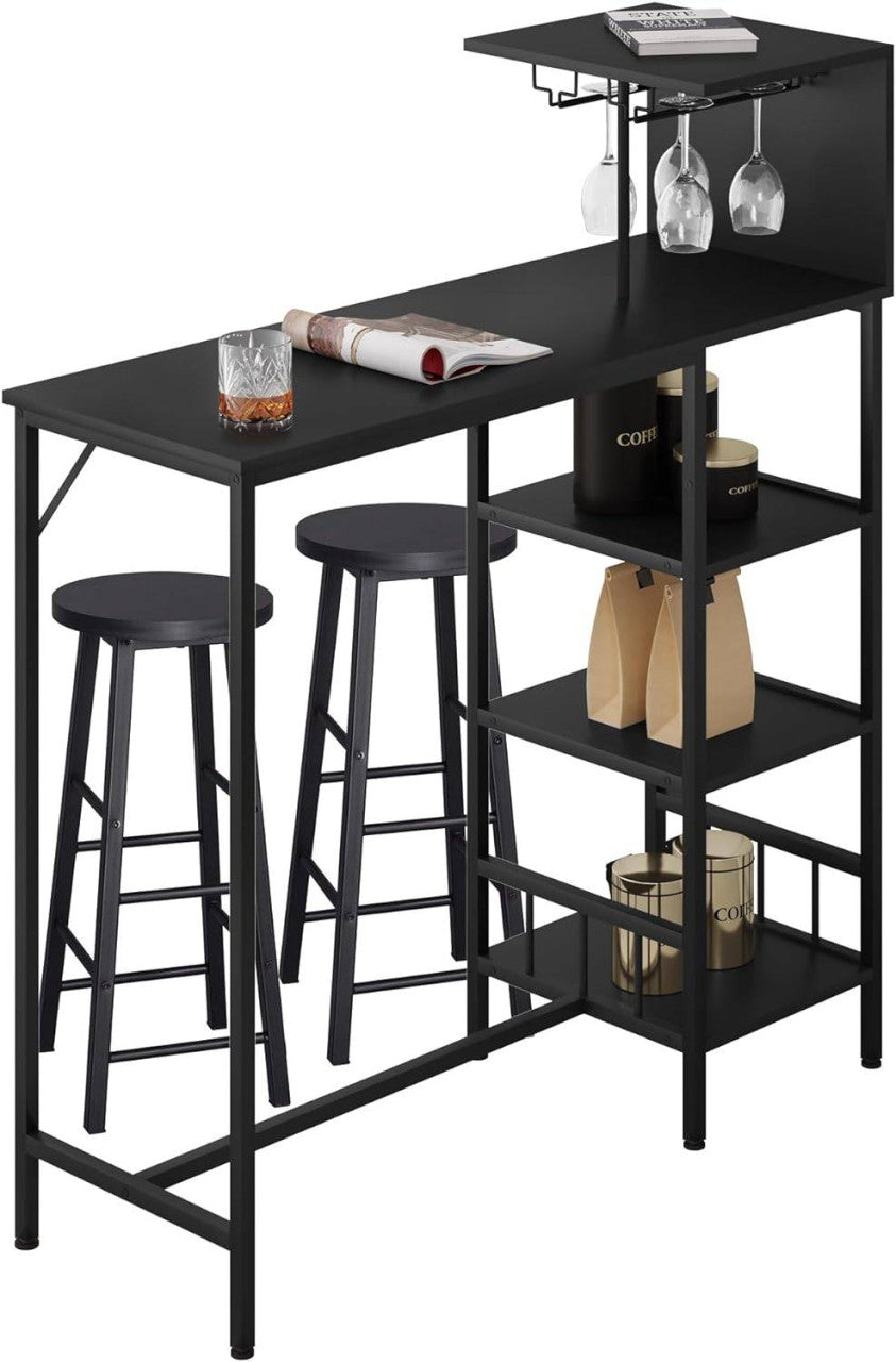 24goodz Bar Table with 2 Stools - Space-Saving Design - E1 Wood and Steel - For Home and Kitchen - Vintage Brown + Black