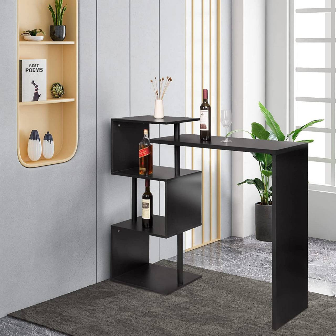 24goodz S-Shaped Bar Table with 3 Shelves - Unique Swivel Design - MDF and Metal - For Home and Kitchen - Black - sz