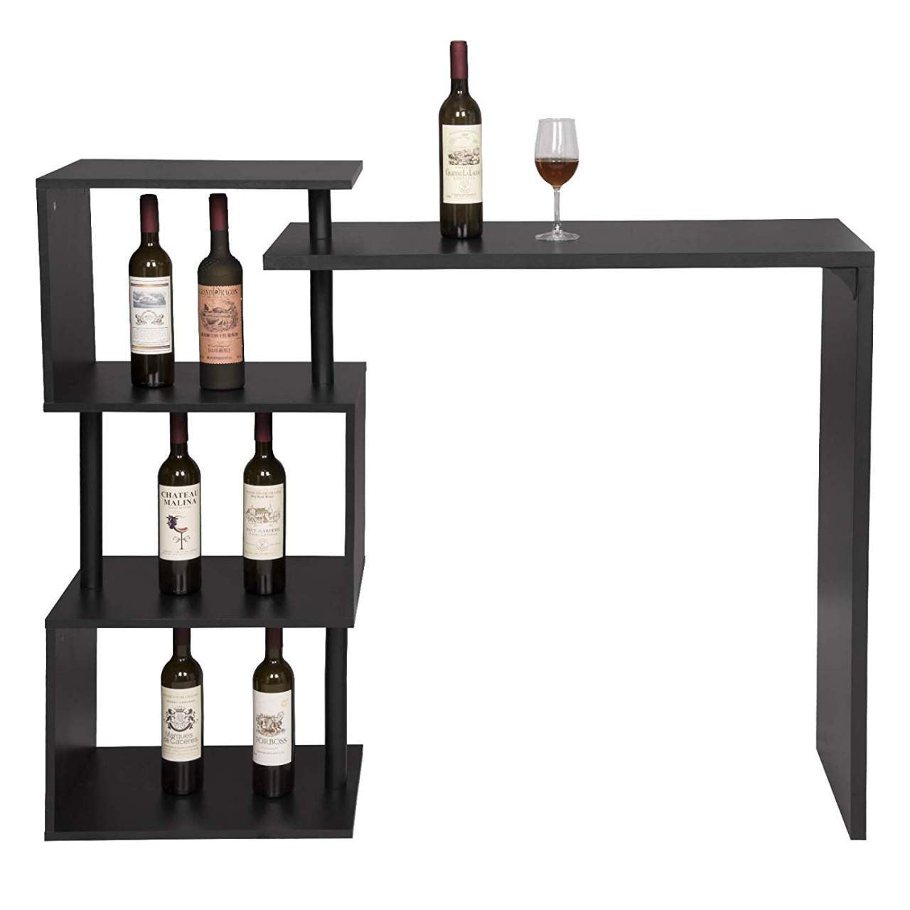 24goodz S-Shaped Bar Table with 3 Shelves - Unique Swivel Design - MDF and Metal - For Home and Kitchen - Black - sz