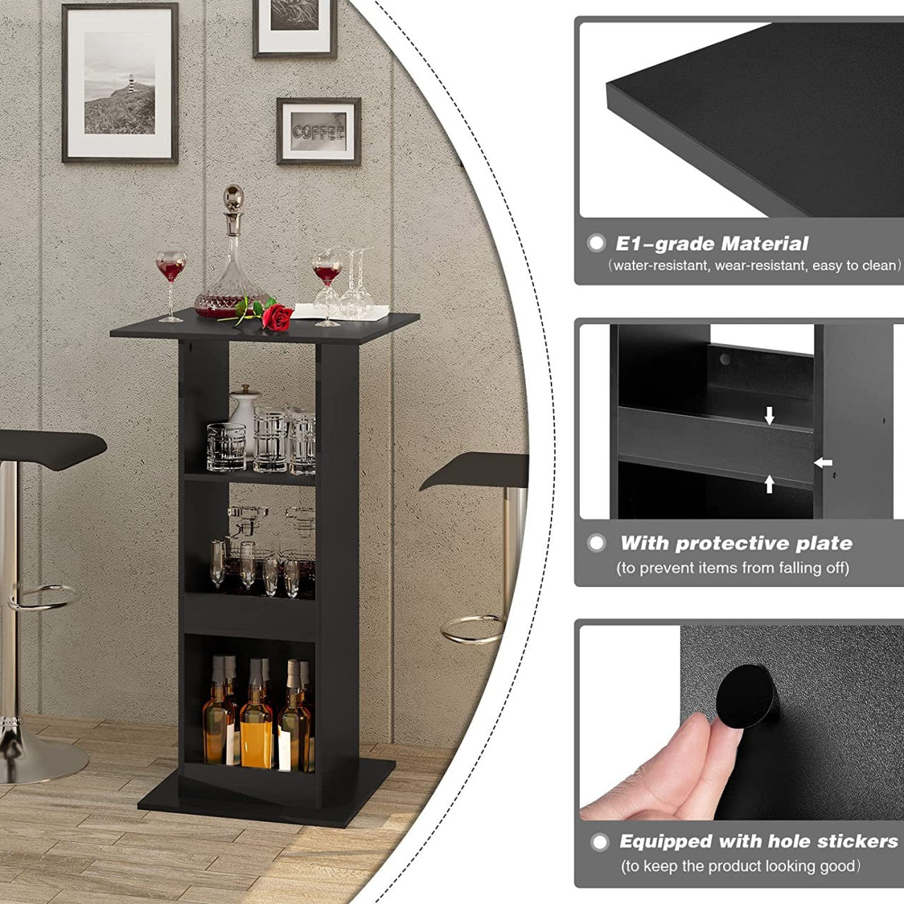 24goodz Bartafel with 3 Shelves - Space-Saving Design - Wood Material - Black - 109 cm Height