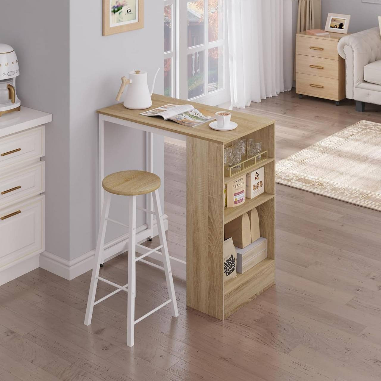 24goodz Bartafel with 3 Shelves - Perfect for Home Entertaining - E1 Wood-based Material + Metal - Light Oak + White