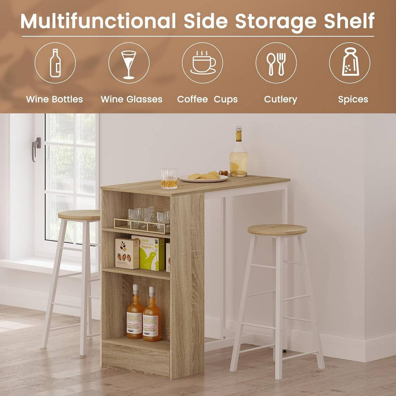 24goodz Bartafel with 3 Shelves - Perfect for Home Entertaining - E1 Wood-based Material + Metal - Light Oak + White